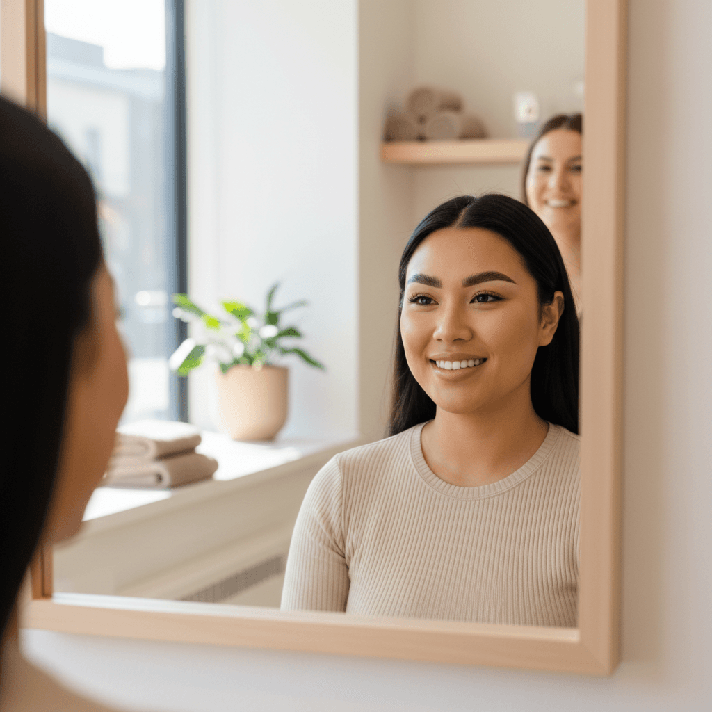 Client admiring freshly styled eyebrows