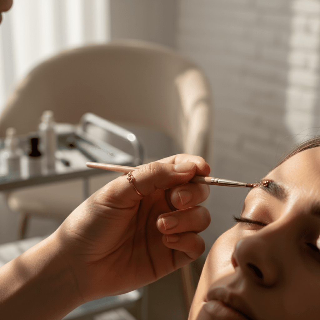 Brow specialist applying tint with precision