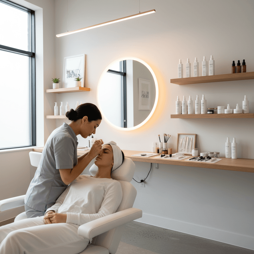 Brow studio interior with specialist at work
