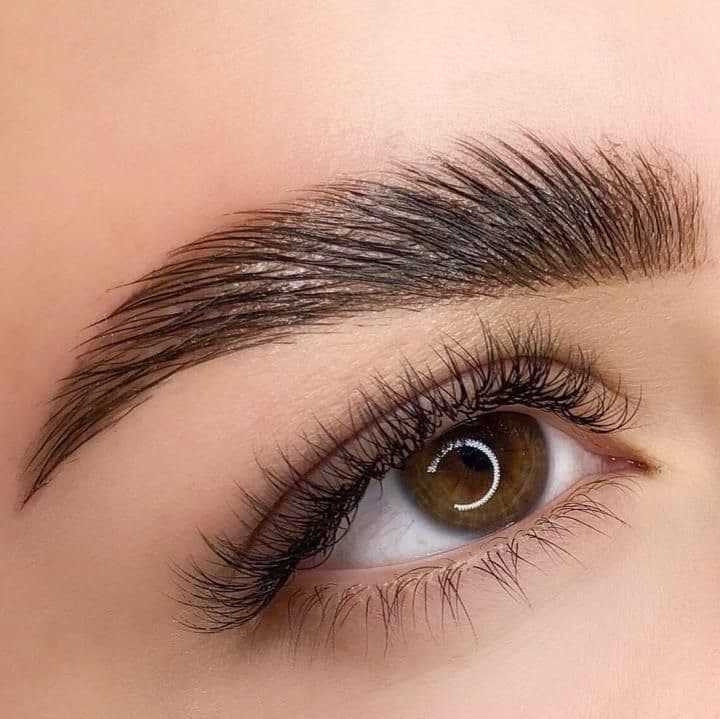 Close-up of a brown eye with long lashes and a perfectly groomed, laminated dark eyebrow.